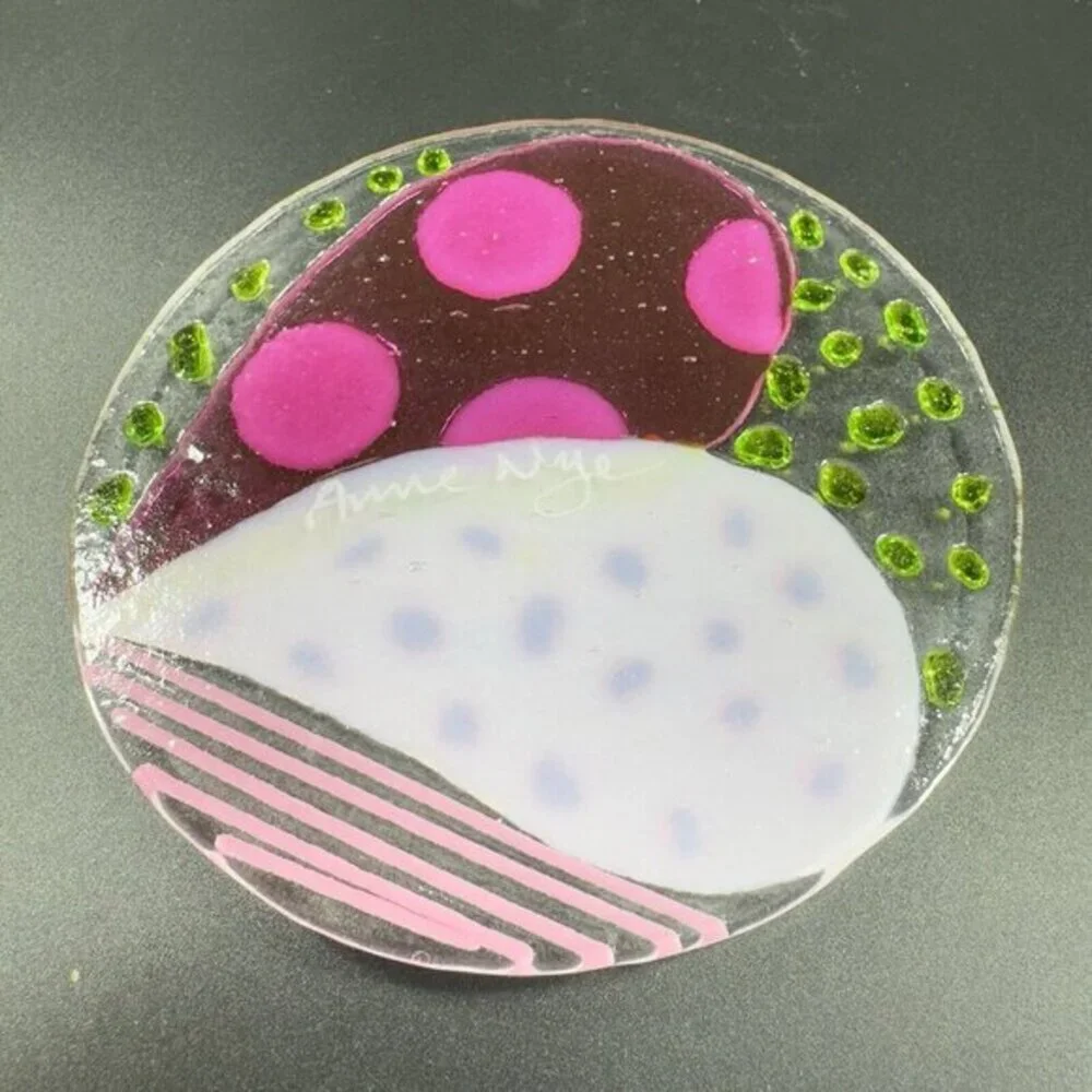 Anne Nye Fused Art Glass Fused Multicolored Round Glass Plate Dish Hand Made VTG